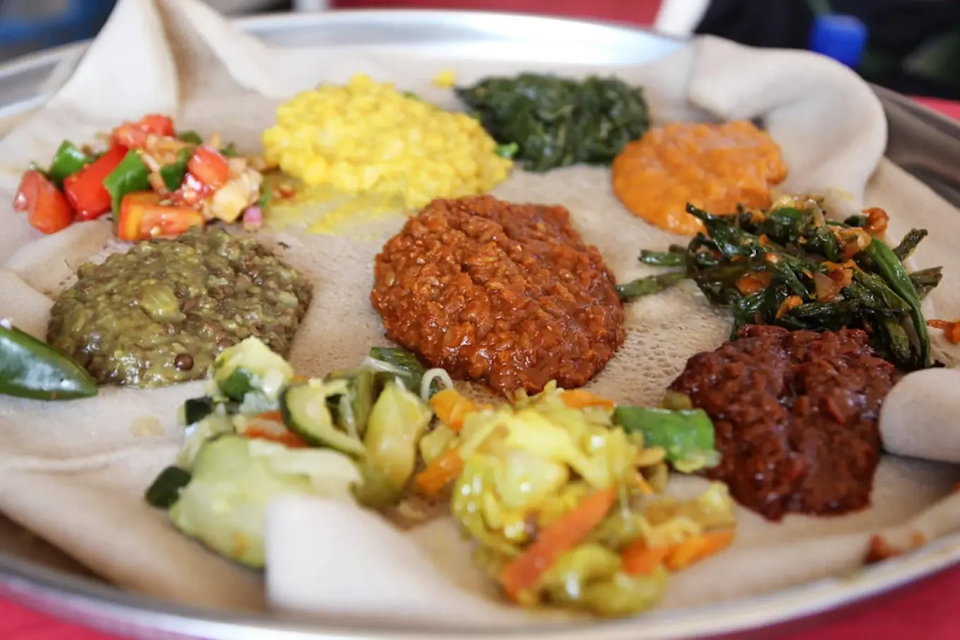 Traditional Ethiopian injera flatbread at Merkato Restaurant Winnipeg