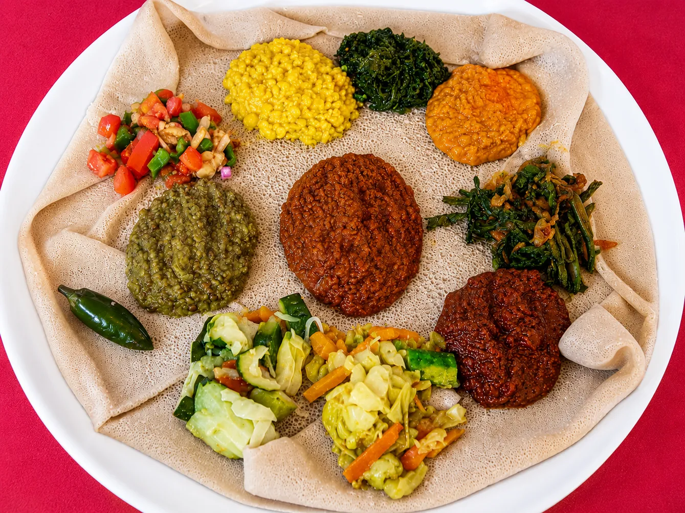 Traditional Ethiopian injera and stews at Merkato Restaurant Winnipeg